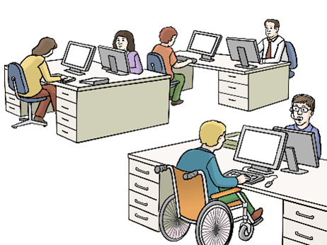 Viele Personen arbeiten an verschiedenen Arbeitsplätzen