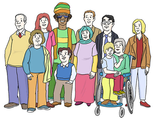 Menschengruppe, diverse Herkunft, Alter, Geschlechter