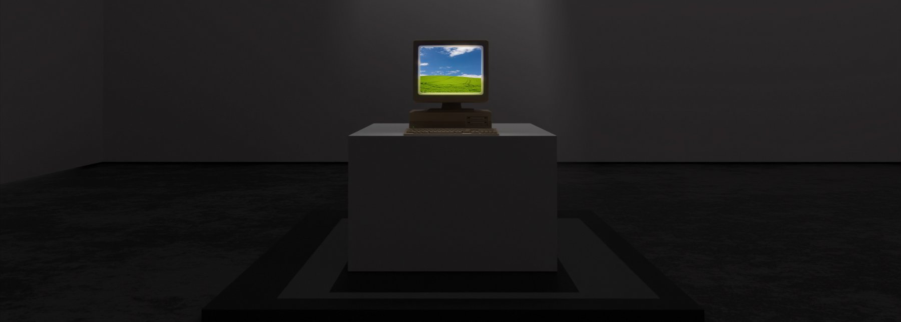 Computer mit leuchtendem Bildschirm auf einem Altar
