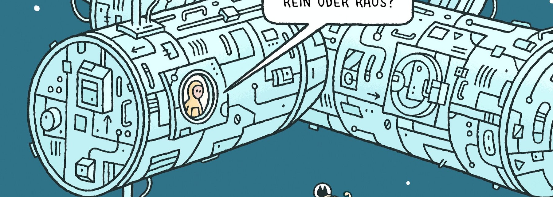 Comiczeichnung: Eine Katze als Forscherin im Weltraum