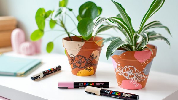 Mit bunten Stiften bemalte Tontöpfe