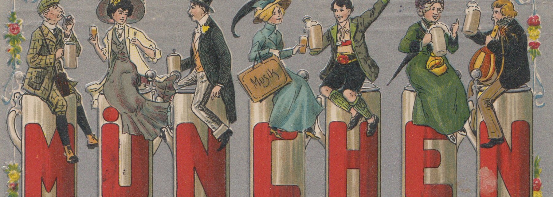 alte Postkarte mit Bierkrügen zum Oktoberfest
