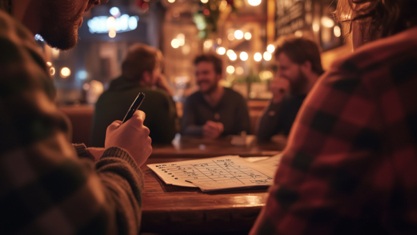 Eine Gruppe von Leuten sitzt in einer Kneipe und nimmt an einem Quiz teil.