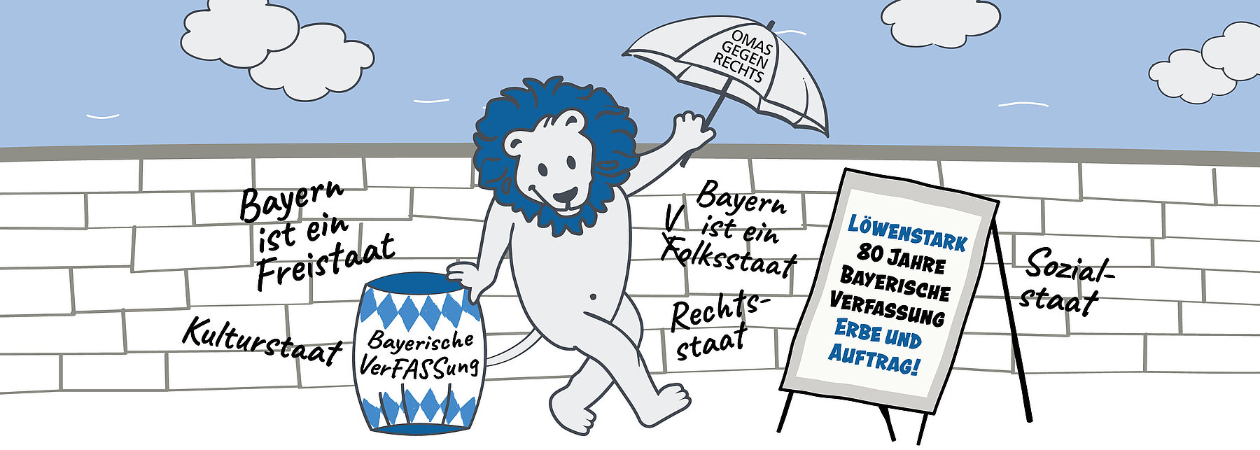 Zeichnung vom bayerischen Löwen mit Plakatsprüchen zu Demokratie