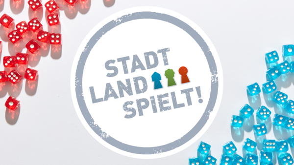 Logo von Stadt-Land-Spielt! und bunte Würfel.