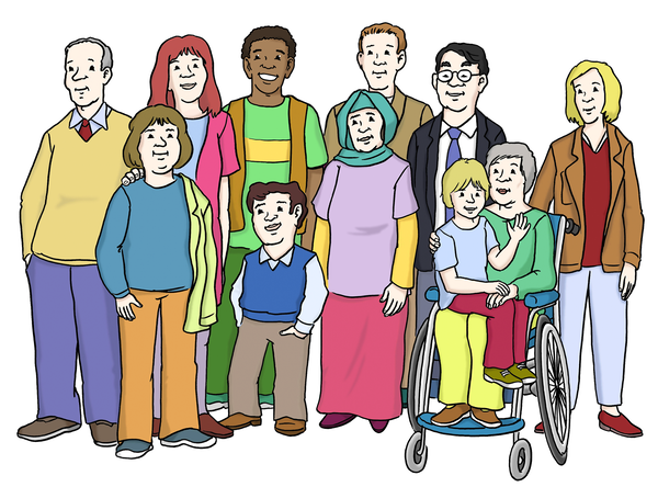 Menschengruppe, diverse Herkunft, Alter, Geschlechter