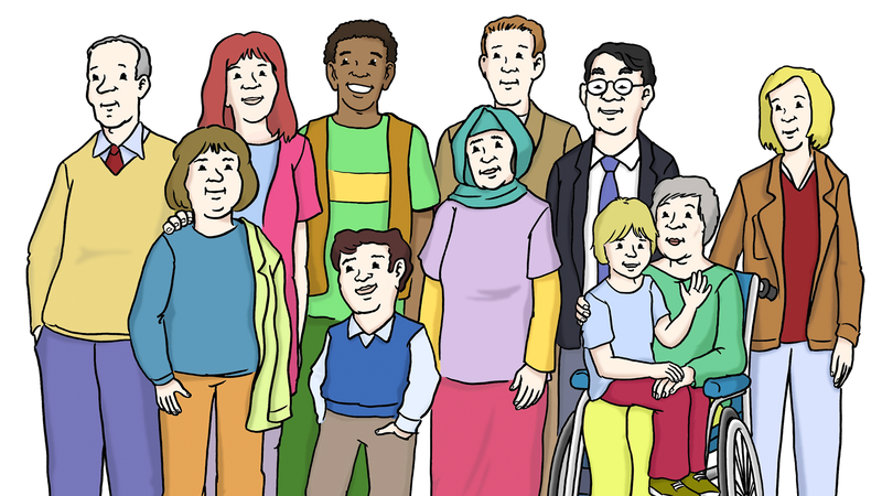 Menschengruppe, diverse Herkunft, Alter, Geschlechter