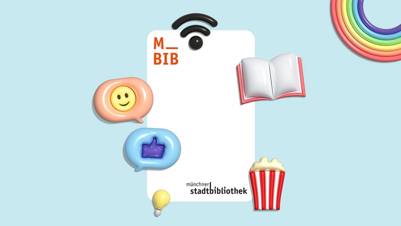 Illustration mit verschiedenen Gegenständen aus der Bibliothek (Bücher, Konsole, Brettspiele, etc.)