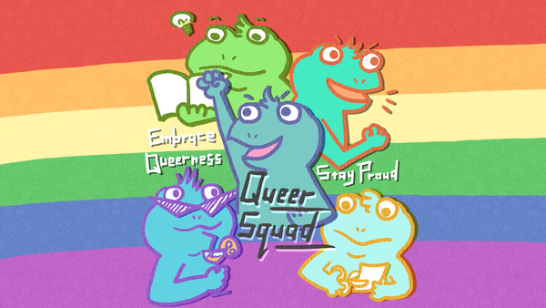 Regenbogen Flagge und fünf Frösche mit Sprüchen