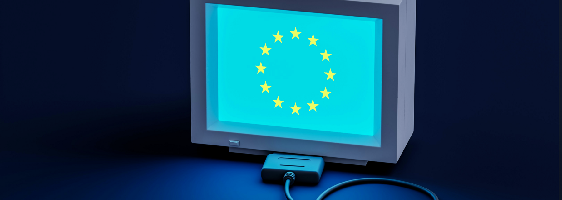 Tastatur und Computer Bildschirm, auf dem die Europaflagge zu sehen ist