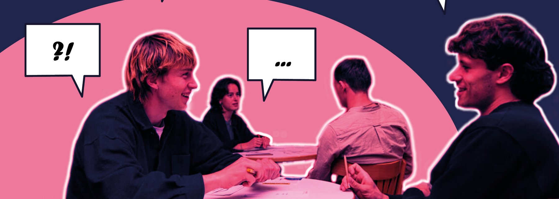 Menschen, die sich an Tischen gegenübersitzen und unterhalten