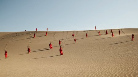 Frauen in roten Gewändern auf einer Düne