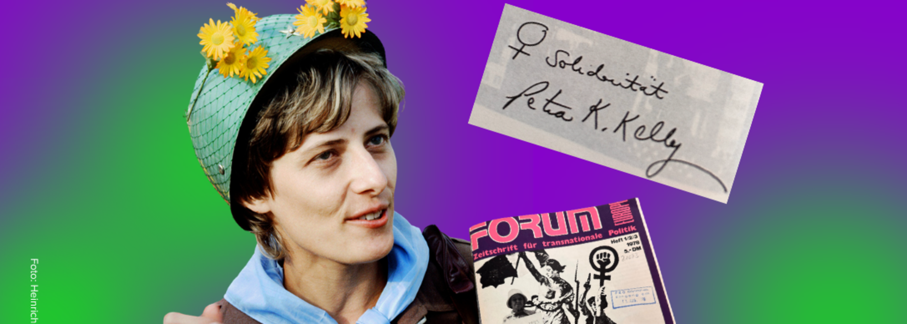 Collage mit einem Foto von Petra Kelly und einer Zeitschrift.