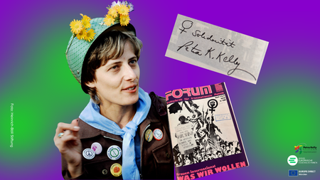 Collage mit einem Foto von Petra Kelly und einer Zeitschrift.
