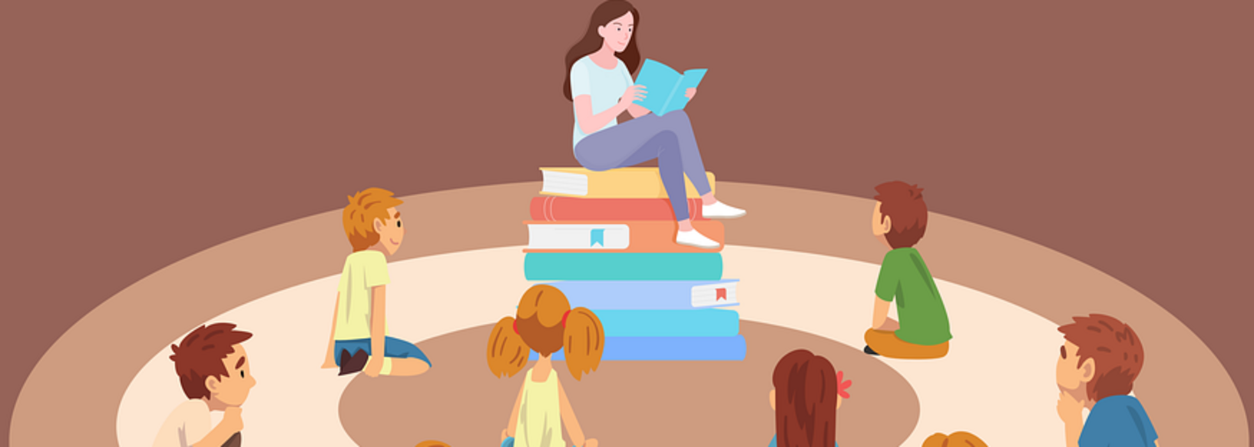 Illustration einer Frau, die Kindern aus einem Buch vorliest.