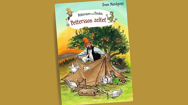Bilderbuchcover Illustration Mann baut Zelt auf