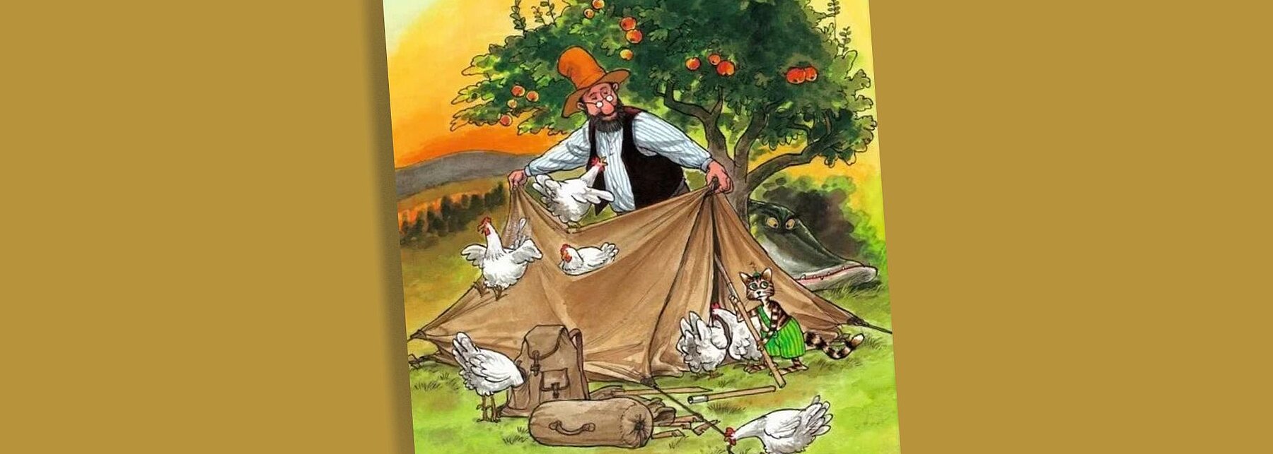 Bilderbuchcover Illustration Mann baut Zelt auf