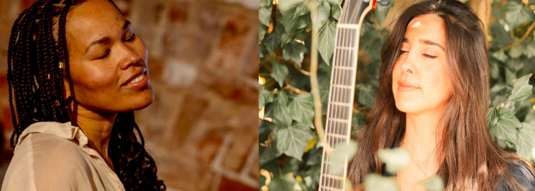 Kollage mit zwei Porträts: links eine Person mit Mikrofon, rechts eine Person mit roter Gitarre vor Pflanzen.