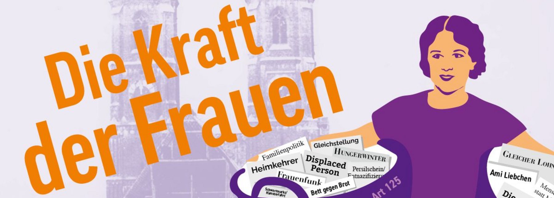 Frau mit lila Wäschekorb betextet mit politischen Schlagworten und Paragraphen