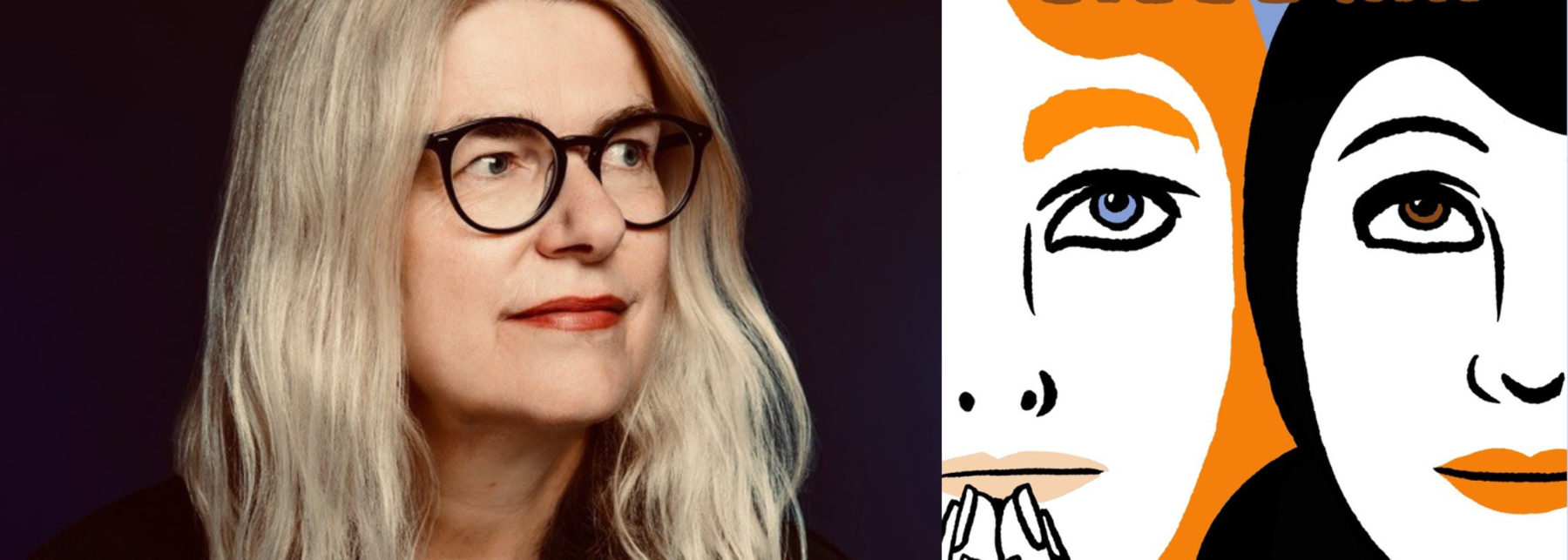 Jutta Pilgram: blonde Haare und schwarze markante Brille. Cover von Comic-Buch: Illustration von zwei halben Mädchengesichtern: Die eine hat orange Haare, die andere schwarze. Sonst sehen sie fast gleich aus.