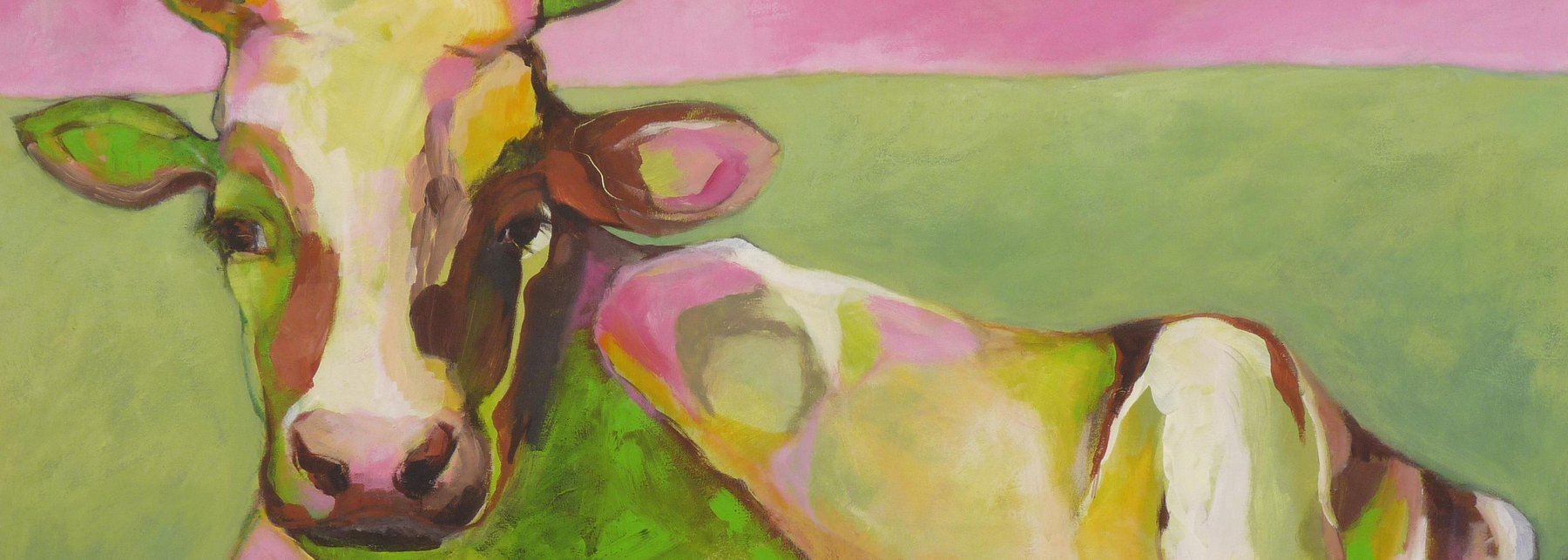 Kleiner Frosch neben großer Kuh, grün und pink