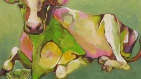 Kleiner Frosch neben großer Kuh, grün und pink