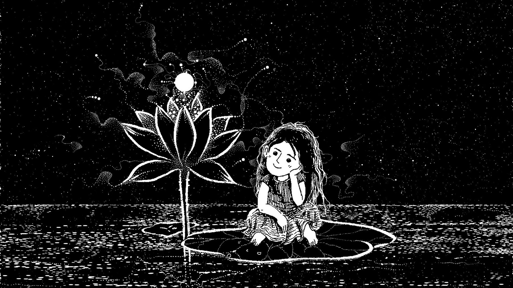 schwarz-weiß Zeichnung; Mädchen auf einem übergroßen Lotusblatt schaut eine Blüte an