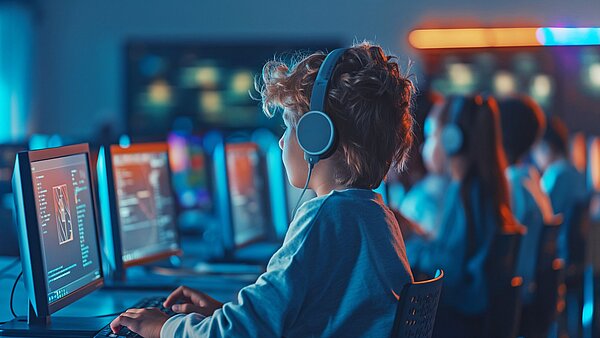 Kinder sitzen in einer Reihe mit Kopfhörern vor Bildschirmen