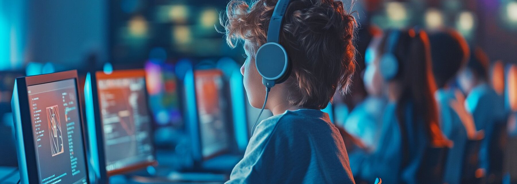 Kinder sitzen in einer Reihe mit Kopfhörern vor Bildschirmen