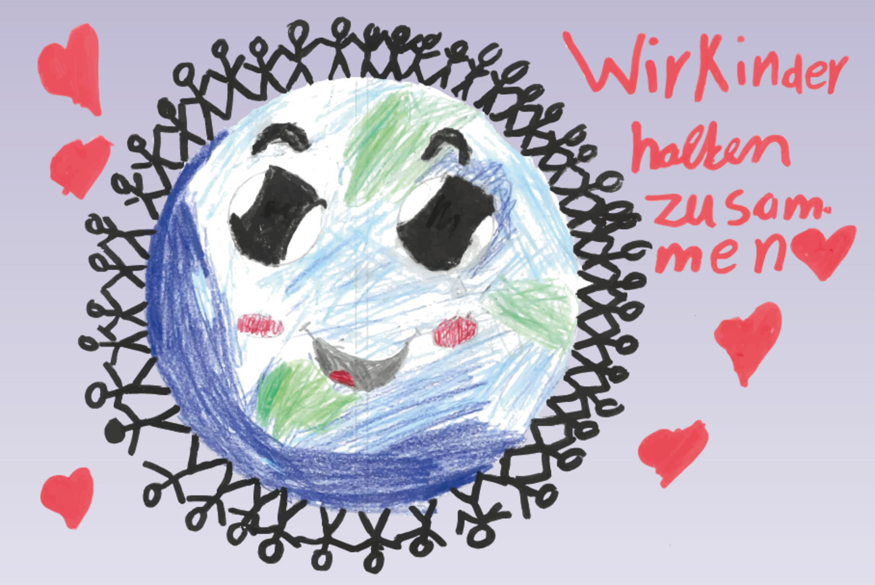 Weltkugel mit Gesicht und Schrift Wir Kinder halten zusammen
