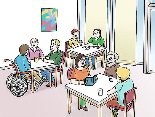 Menschen sitzen gesellig an Tischen