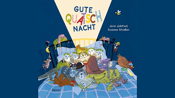 Viele gezeichnete Tiere sitzen auf einem Bett