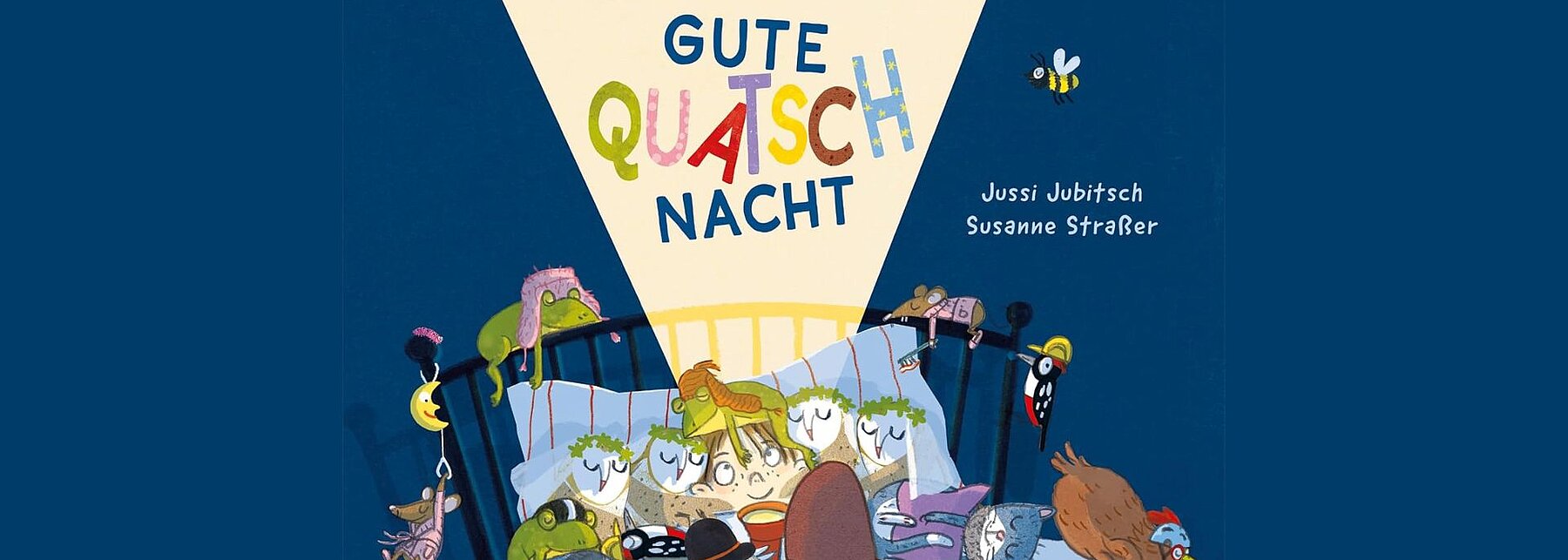 Viele gezeichnete Tiere sitzen auf einem Bett