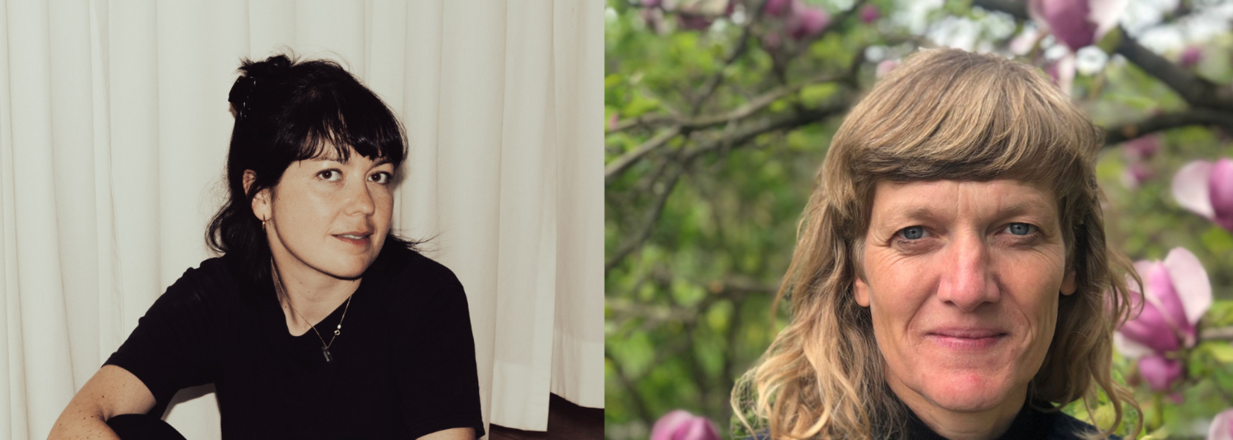 Dana von Suffrin, schwarze Haare, schwarze Kleider, junge Frau, sitzt lässig auf dem Boden. Christiane Huber, junge Frau, blonde Locken, steht vor einer Magnolie mit riesigen rosa Blüten. Trotzdem nicht kitischig, sondern cool.