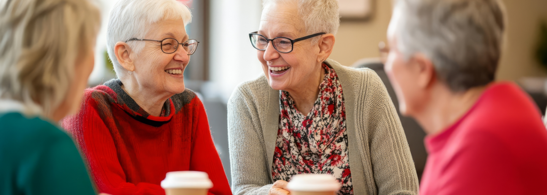 Vier ältere Frauen unterhalten sich und trinken Kaffee