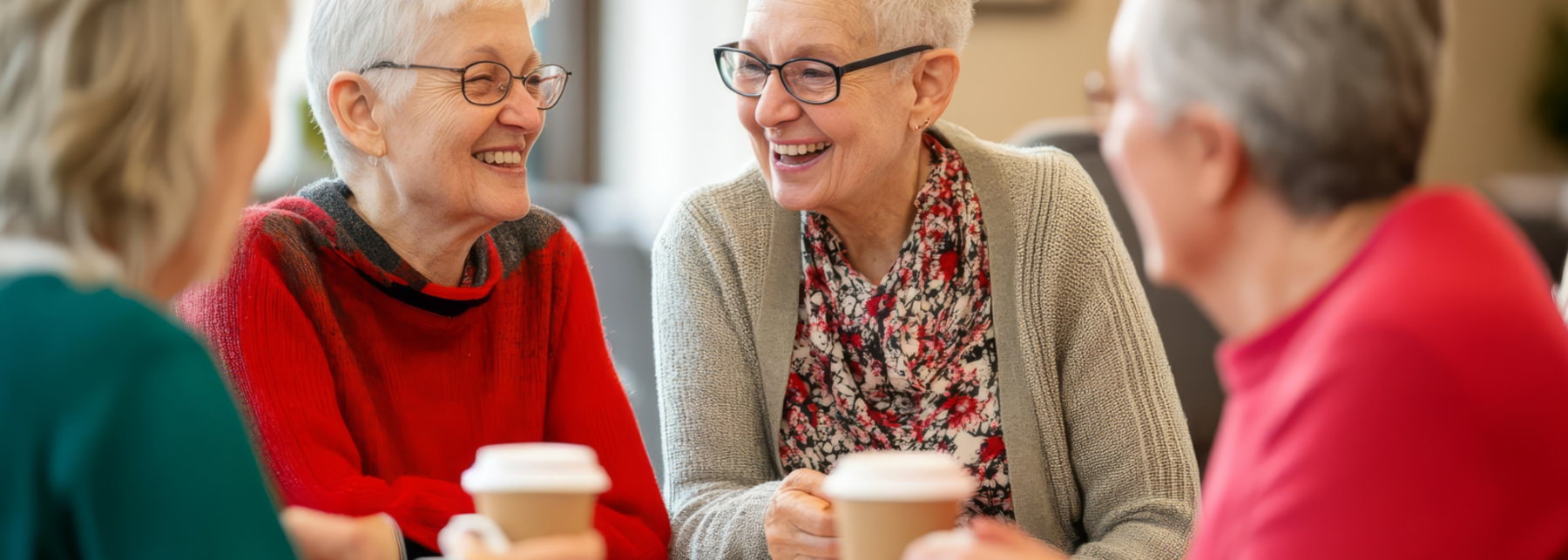 Vier ältere Frauen unterhalten sich und trinken Kaffee