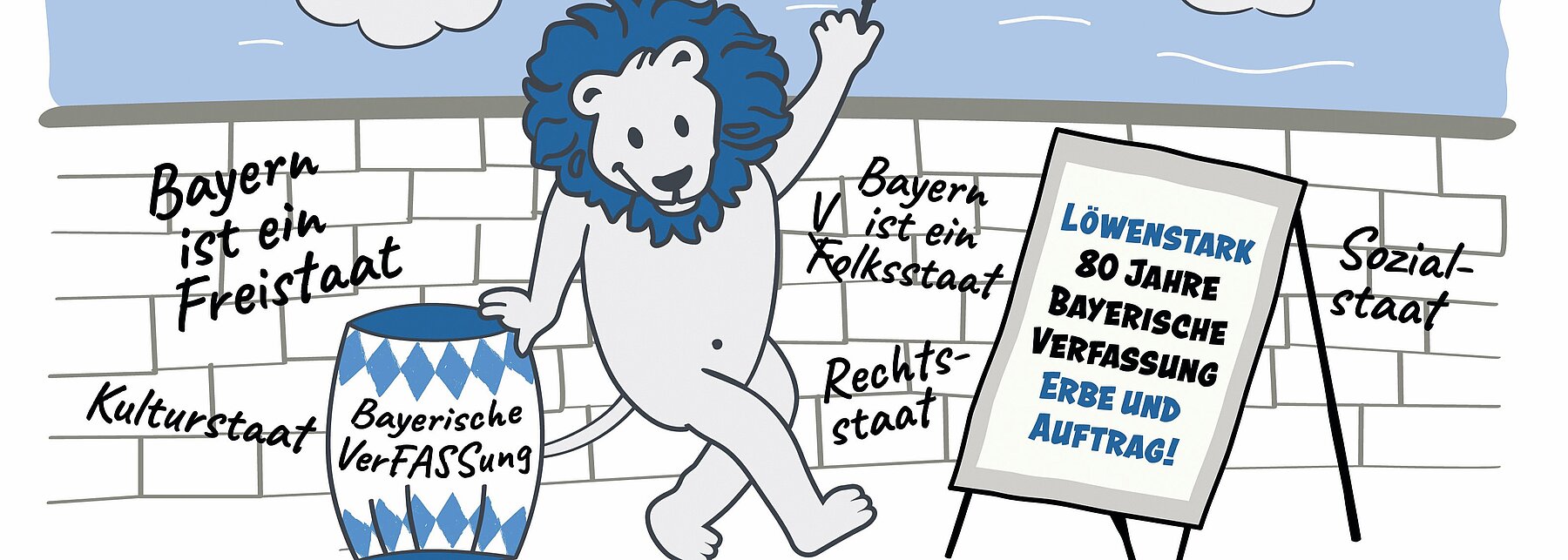 Zeichnung vom bayrischen Löwen mit Plakatsprüchen zur Demokratie