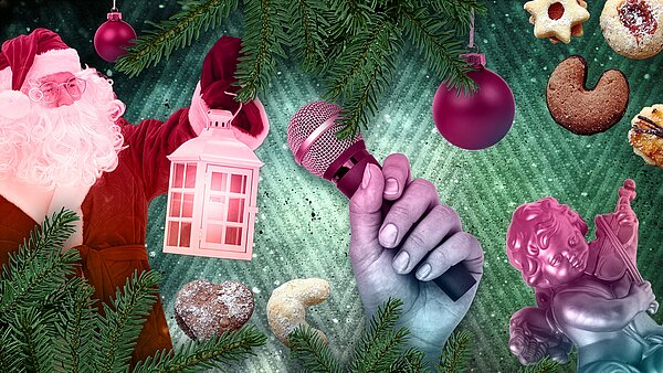 Weihnachtsmotive und ein in der Hand gehaltenes Mikrofon