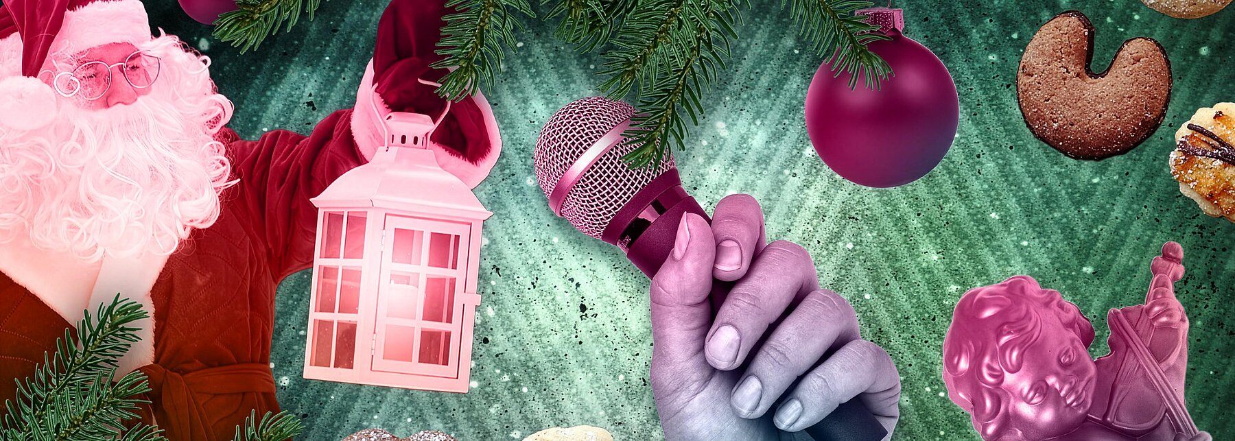 Weihnachtsmotive und ein in der Hand gehaltenes Mikrofon