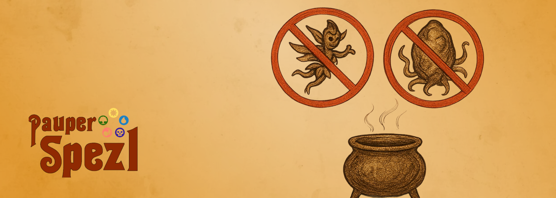 Illustration eines Kessels mit Figuren aus Magic-Karten.