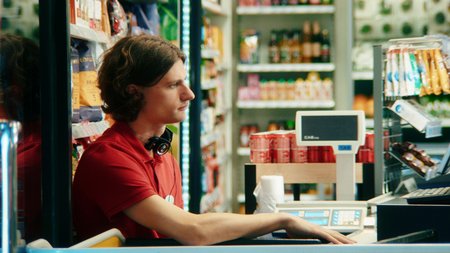 Junger Kassierer an der Supermarktkasse